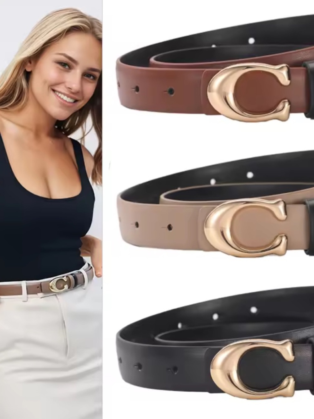 Belt Women's Leather Belt with Gold 'C' Buckle - Black